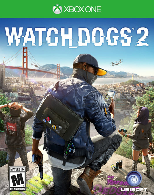 Watch Dogs 2 game for the Xbox One featuring open world action adventure gameplay with hacking mechanics stealth and combat missions as players control Marcus Holloway in a recreation of the San Francisco Bay Area with cooperative and multiplayer modes cover art