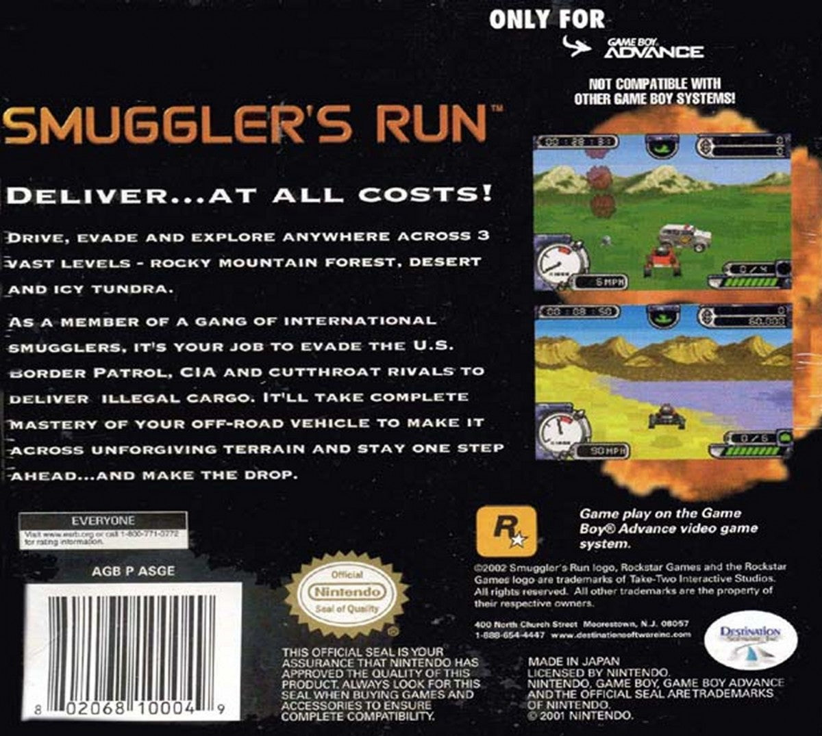 Smuggler's Run Nintendo Game Boy Advance GBA for racing action retro video game fans featuring off road driving vehicle missions high speed chases rugged environments challenging objectives classic handheld gaming collectible gaming appeal back of case