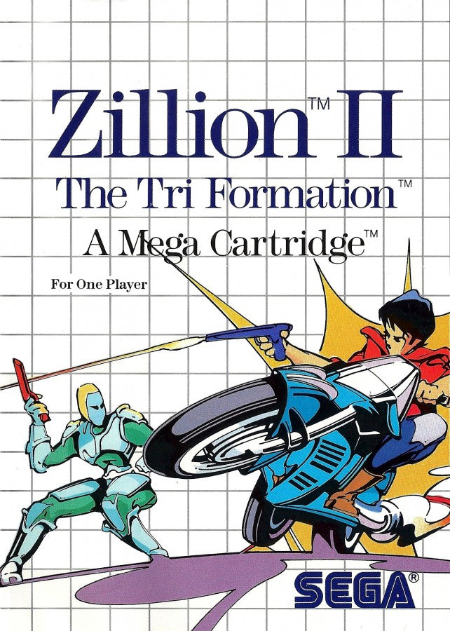 Zillion II Sega Master System SMS for action platforming video game fans featuring side scrolling combat futuristic environments enemy battles weapon upgrades challenging stages power ups exploration and fast paced classic Sega Master System gameplay collectible retro gaming appeal front cover art