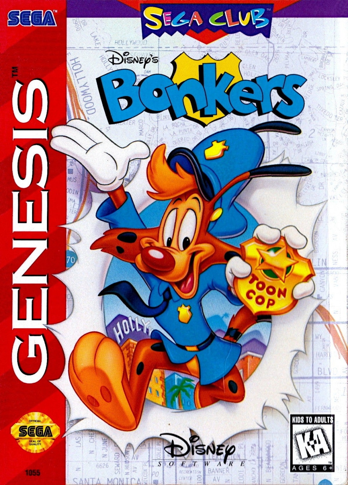 Bonkers Sega Genesis for retro video game enthusiasts featuring side scrolling action platforming gameplay Disney cartoon inspired adventure colorful levels enemy encounters cartoon themed challenges classic 16 bit gaming and collectible gaming appeal front cover 