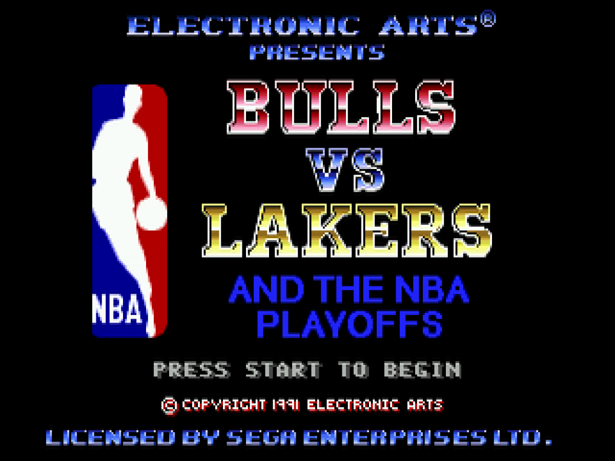 Bulls vs Lakers and the NBA Playoffs title screen for Sega Genesis (GEN) video game