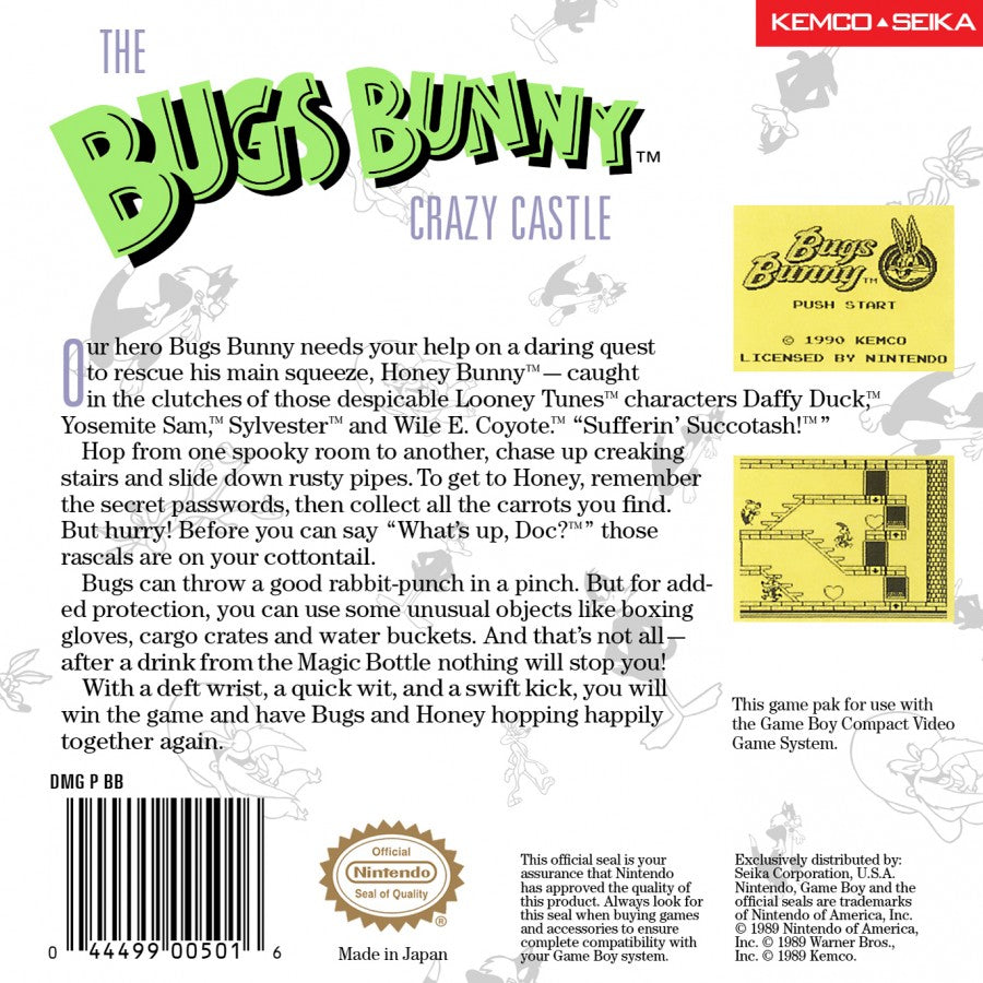 Bugs Bunny Crazy Castle back cover art for Game Boy (GB) video game 
