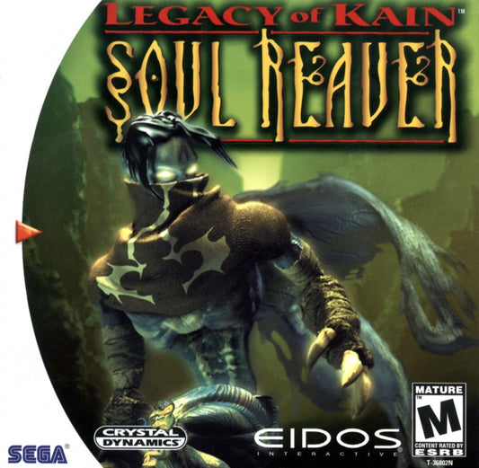 Legacy of Kain Soul Reaver Sega Dreamcast DC for retro video game enthusiasts featuring dark fantasy action adventure gameplay vampire themed storytelling exploration puzzle solving supernatural abilities combat mechanics gothic atmosphere classic Dreamcast collectible gaming appeal front cover