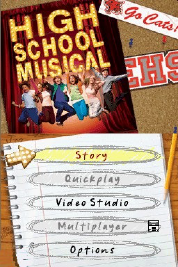 High School Musical Making the Cut for Nintendo DS (DS), title screen for a retro video game featuring rhythm-based gameplay, music performance challenges, dance mini-games, character progression, and movie-inspired musical adventure