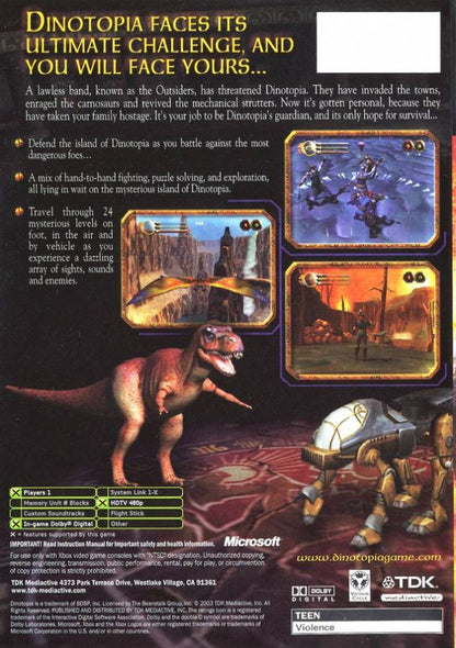 Dinotopia Sunstone Odyssey retro Xbox video game Dinotopia fantasy adventure dinosaur world exploration action puzzle solving story driven console title Xbox release back of case