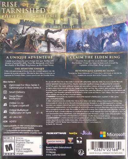 Elden Ring Xbox Series X XSX video game featuring open world action role playing gameplay challenging Soulslike combat fantasy adventure the Lands Between exploration Tarnished character customization powerful boss battles magic spells weapon upgrades legendary weapons dungeon crawling quests mysterious lore and epic enemy encounters classic Xbox Series X gaming retro video game collection collectible gaming appeal back cover art