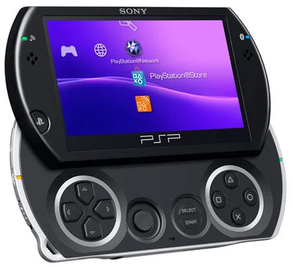 PSP Go Piano Black PlayStation Portable PSP for portable gaming fans featuring compact sliding design Piano Black finish built in controls digital game support 3.8 inch display Bluetooth wireless connectivity internal storage and sleek portable Sony gaming hardware collectible appeal front