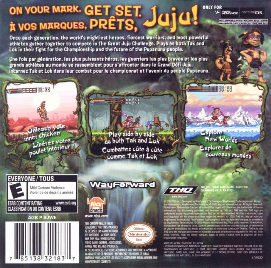Tak The Great Juju Challenge Game Boy Advance back of case for retro video game featuring platform adventure gameplay magical tribal themed worlds puzzle solving challenges cartoon style visuals quest progression and portable handheld action adventure on the GBA system