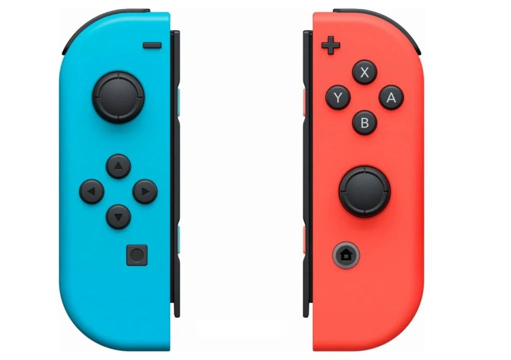 Nintendo Switch Joy Con Red and Blue controllers inspired design featuring colorful detachable gaming controller set aesthetic vibrant neon red and blue finish motion controls wireless connectivity versatile multiplayer gameplay iconic Nintendo hardware accessory presentation set