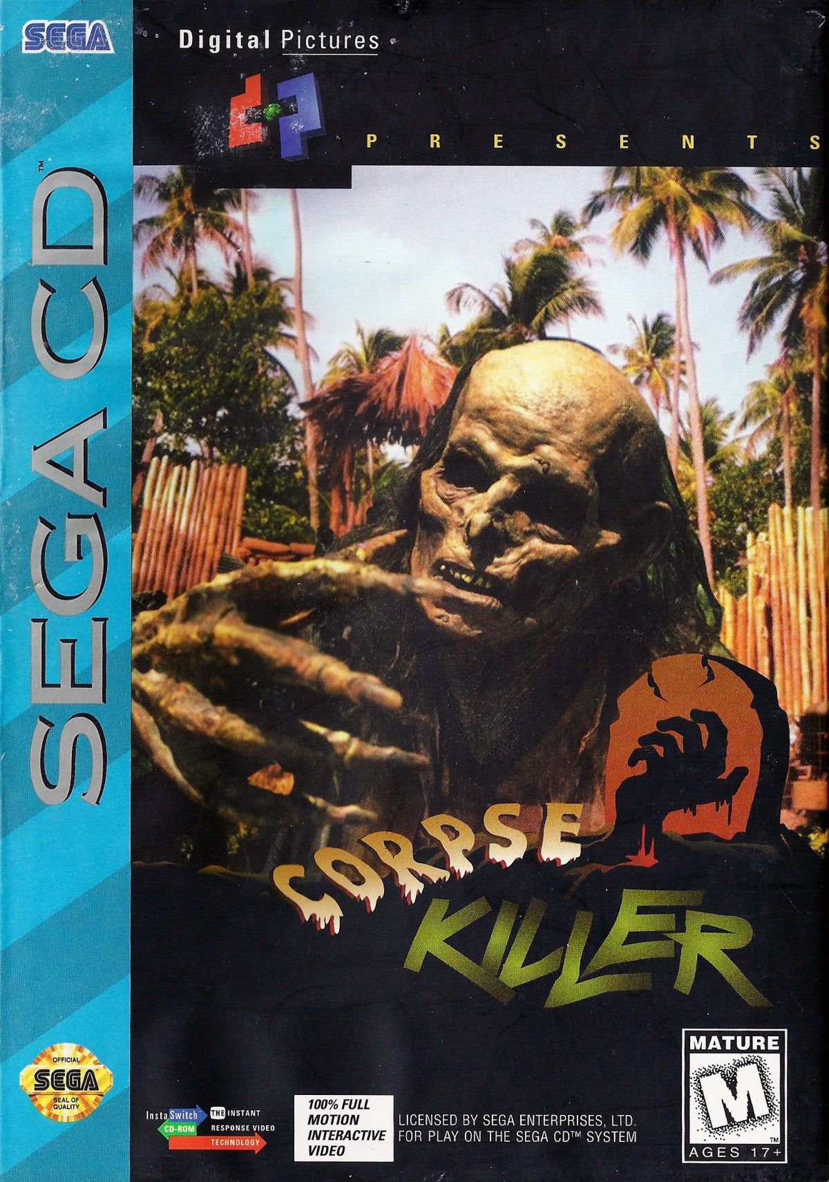 Corpse Killer Sega CD full motion video FMV zombie shooter horror game rail shooting tropical island setting undead enemies live action footage arcade style combat Digital Pictures retro gaming Sega CD software video game title cover art
