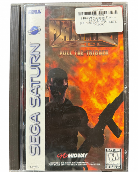Maximum Force Sega Saturn for retro video game enthusiasts featuring arcade light gun shooter gameplay fast paced action police themed missions enemy encounters explosive set pieces challenging stages and collectible gaming appeal cover art