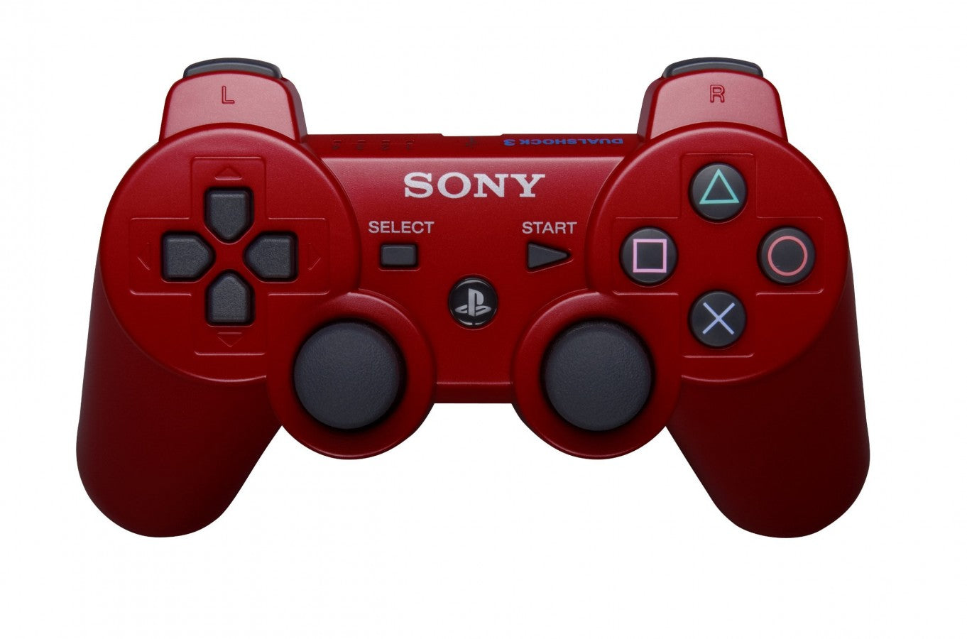 DualShock 3 wireless controller in red featuring classic PlayStation button layout and responsive analog controls
