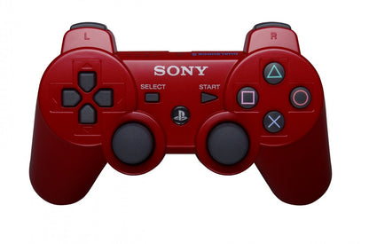 DualShock 3 wireless controller in red featuring classic PlayStation button layout and responsive analog controls