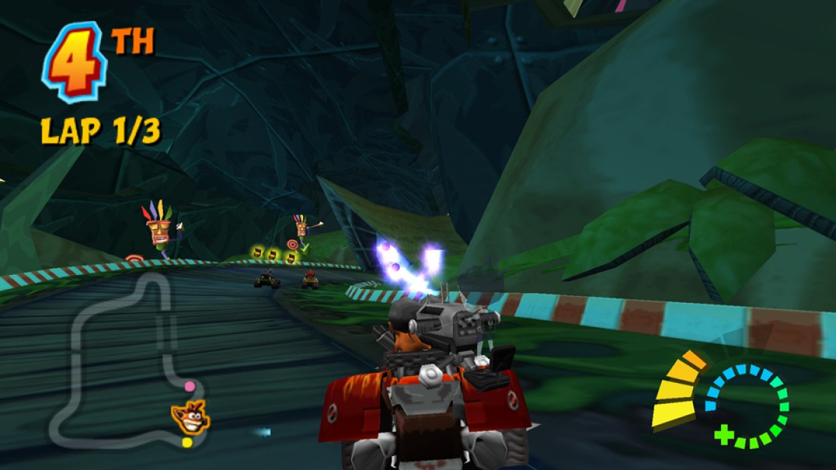 Crash Tag Team Racing for PlayStation 2 (PS2) featuring the hilarious fusion of high-speed racing and platforming adventure where you can "clash" your vehicle with an opponent's to create a powerful hybrid turret-car; explore Von Clutch's Motor World on foot, solve puzzles, and collect Power Gems in this wacky, combat-heavy twist on the Crash Bandicoot racing formula gameplay screenshot