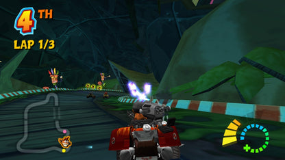 Crash Tag Team Racing for PlayStation 2 (PS2) featuring the hilarious fusion of high-speed racing and platforming adventure where you can "clash" your vehicle with an opponent's to create a powerful hybrid turret-car; explore Von Clutch's Motor World on foot, solve puzzles, and collect Power Gems in this wacky, combat-heavy twist on the Crash Bandicoot racing formula gameplay screenshot
