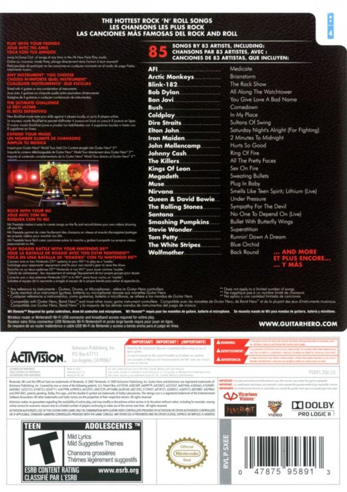 Guitar Hero 5 back cover art for Nintendo Wii (Wii) music video game.