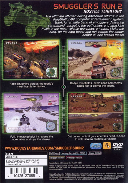 Smuggler’s Run 2 Hostile Territory PlayStation 2 PS2 video game, open-world off-road racing, vehicular action missions, classic console title back cover