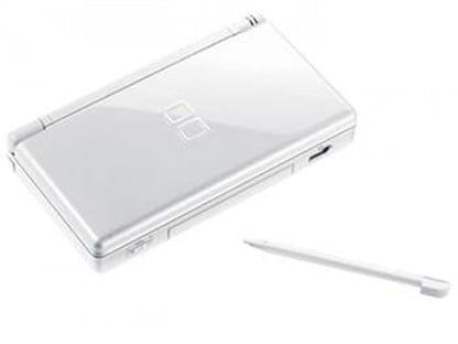 White Nintendo DS Lite console handheld gaming system featuring dual screens touch screen controls built in microphone wireless multiplayer compact foldable design backward compatibility with Game Boy Advance GBA games iconic Nintendo hardware portable gaming collectible gaming appeal
