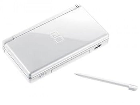 White Nintendo DS Lite console handheld gaming system featuring dual screens touch screen controls built in microphone wireless multiplayer compact foldable design backward compatibility with Game Boy Advance GBA games iconic Nintendo hardware portable gaming collectible gaming appeal