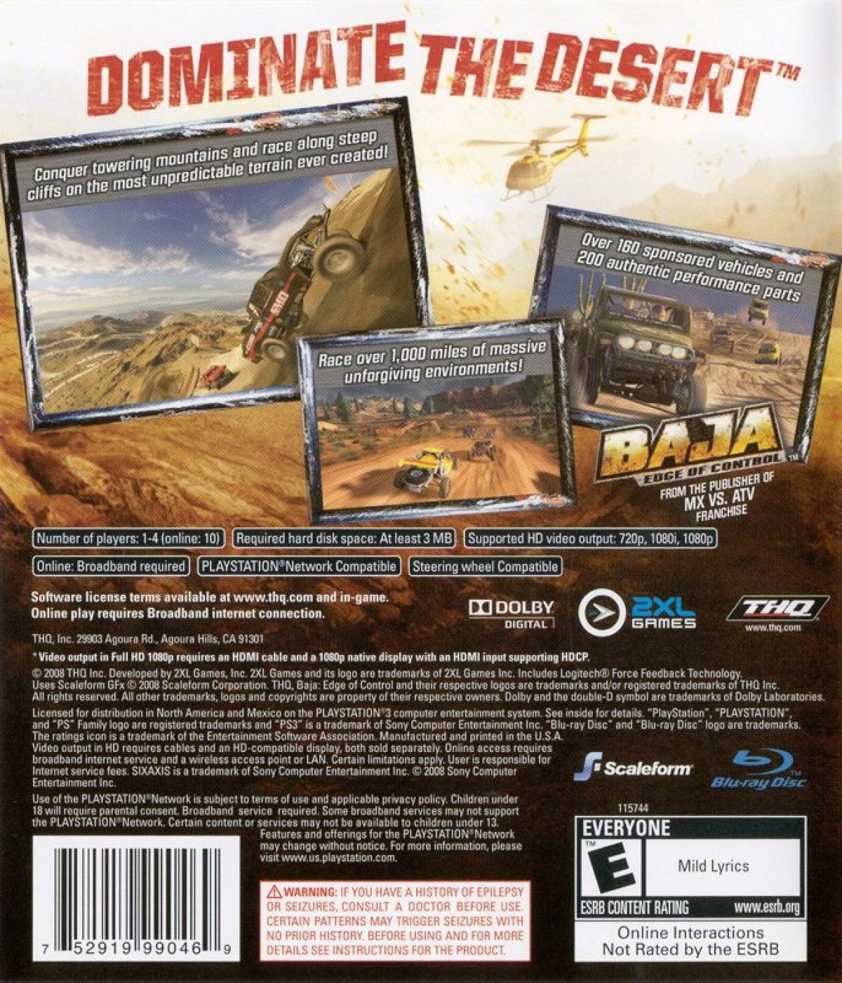 Baja: Edge of Extinction back cover art for PlayStation 3 (PS3) racing video game. 