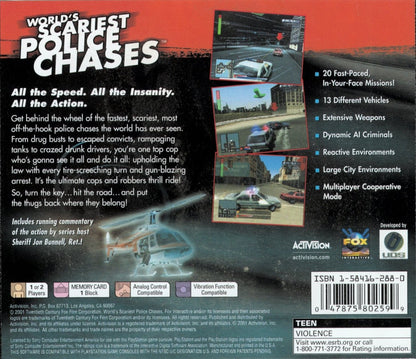 World's Scariest Police Chases Sony PlayStation PS1 video game featuring police driving action gameplay high speed pursuits police vehicles chase missions traffic enforcement dangerous criminals road chases emergency response and classic 32 bit PlayStation gameplay retro video game collection collectible gaming appeal back cover art