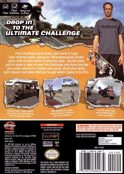 Tony Hawk's Pro Skater 4 Nintendo GameCube for retro video game enthusiasts featuring skateboarding gameplay open level exploration trick combo mechanics challenging objectives iconic professional skaters arcade style sports action and collectible gaming appeal back cover 