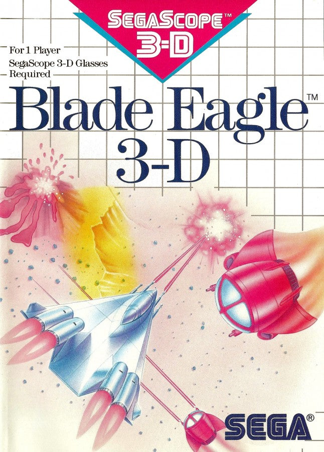 Blade Eagle 3D Sega Master System SMS for arcade shooting video game fans featuring 3D space combat futuristic environments enemy spacecraft fast paced shooting power ups weapon upgrades challenging stages and classic Sega Master System gameplay collectible retro gaming appeal front cover art