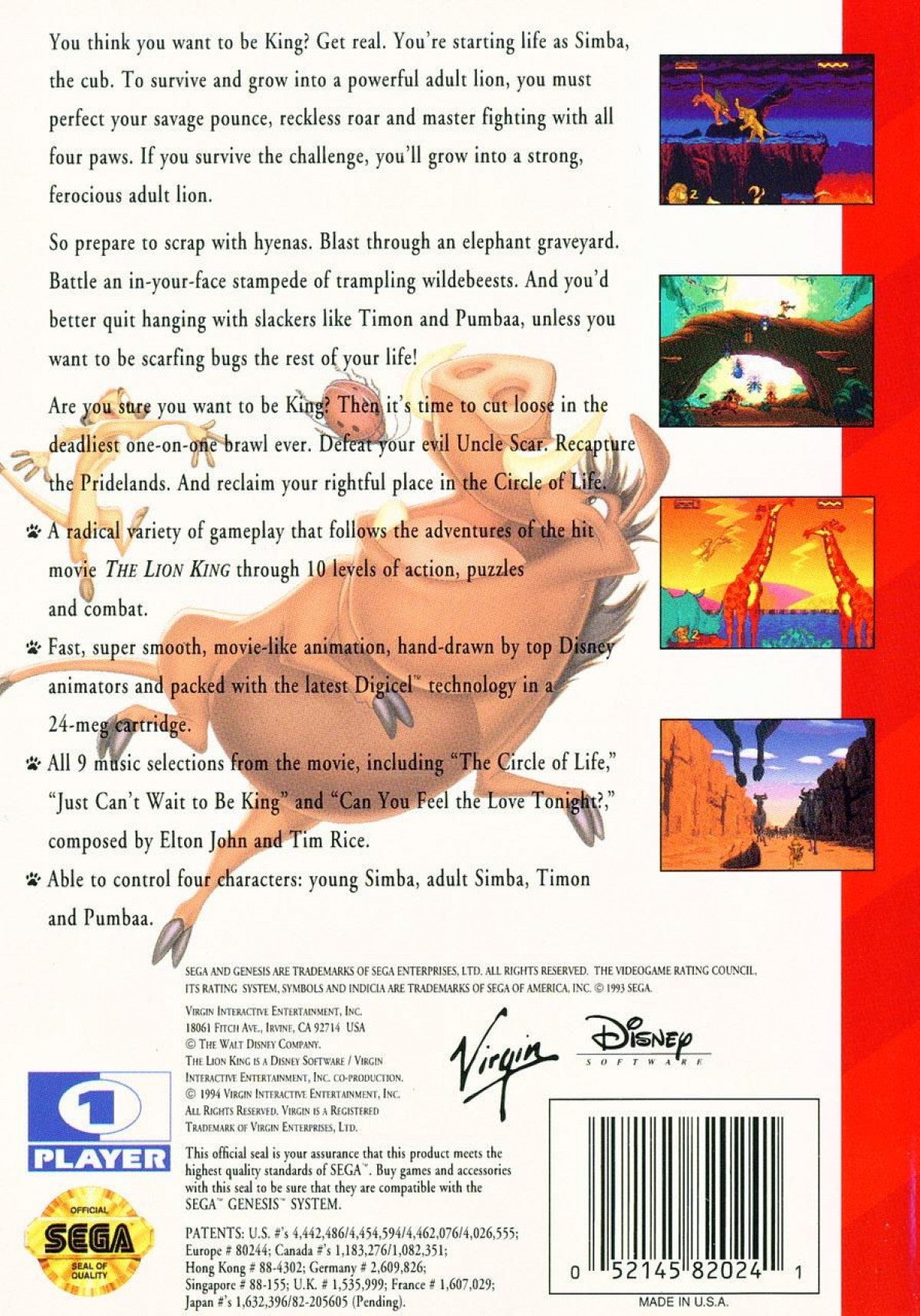 Disney’s The Lion King for Sega Genesis with classic side-scrolling platform adventure based on the animated film back cover