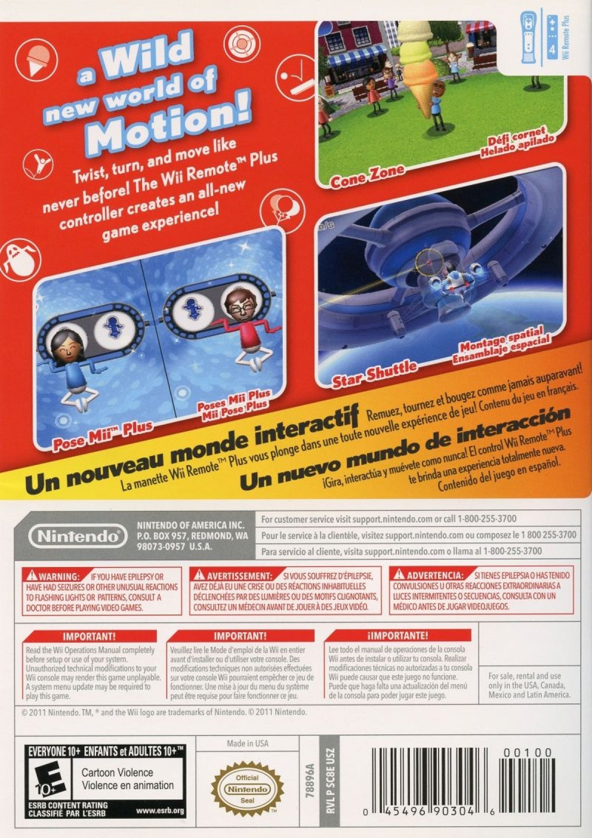 Wii Play Motion back cover art for Nintendo Wii (Wii) featuring motion‑controlled mini‑games that showcase the Wii Remote Plus, with playful activities like ice cream balancing, stone skipping, and ghost hunting.