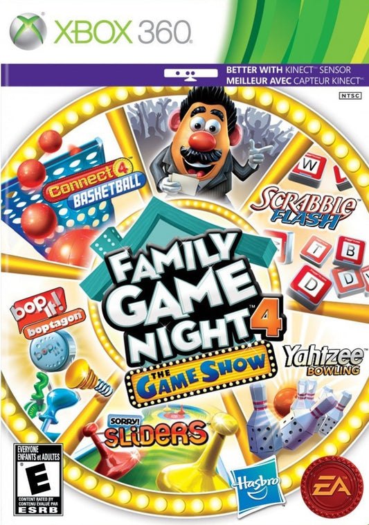Family Game Night 4 for Xbox 360 party video game featuring classic board game adaptations multiplayer mini games family friendly challenges and interactive casual gaming experience cover art