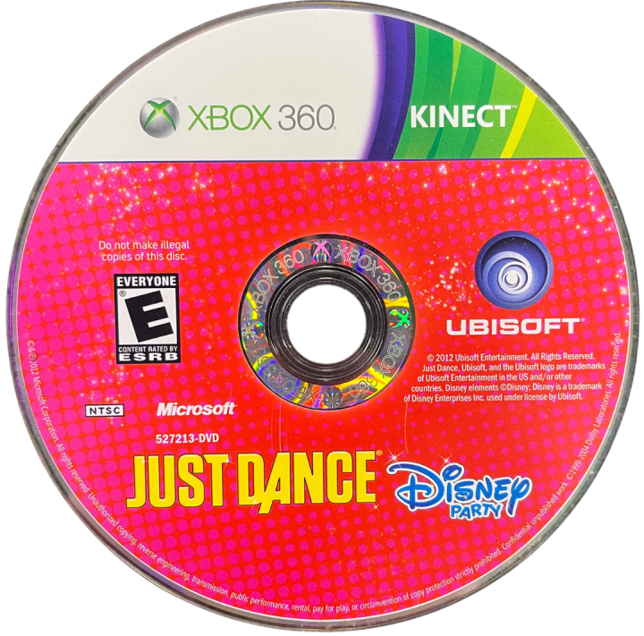 Retro Just Dance Disney Party Xbox 360 inspired design featuring family friendly rhythm dance gameplay aesthetic vintage HD era Disney musical performances colorful animated characters motion based party fun energetic choreography nostalgic interactive music experience presentation disc