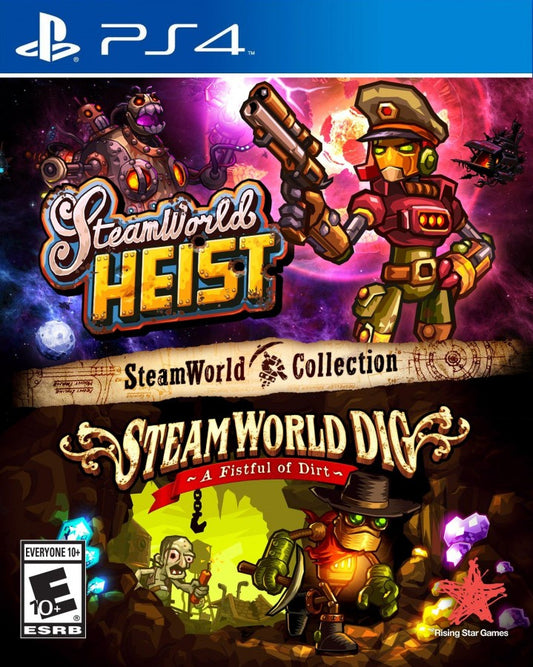 SteamWorld Collection game for the PlayStation 4 featuring a compilation of SteamWorld Dig and SteamWorld Heist with action platforming and turn based strategy gameplay set in a stylized steampunk world with exploration and resource gathering cover art