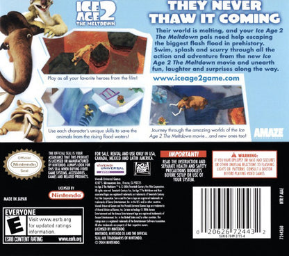 Ice Age 2 The Meltdown Nintendo DS video game, action platformer, movie tie-in adventure, family-friendly handheld console title back cover