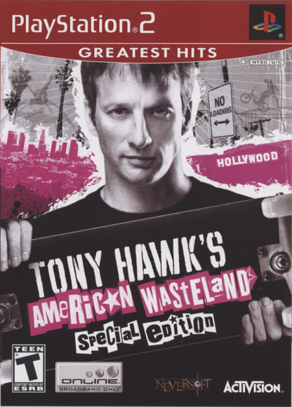 Tony Hawk's American Wasteland Greatest Hits PlayStation 2 PS2 for retro video game enthusiasts featuring skateboarding gameplay open world exploration trick combo mechanics BMX integration customizable skater progression urban environments multiplayer modes and collectible gaming appeal front cover 