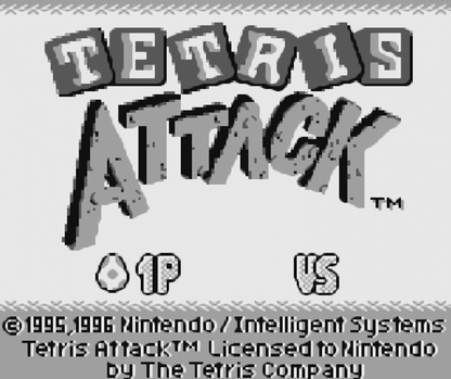 Tetris Attack Nintendo Game Boy GB for puzzle retro video game fans featuring fast paced tile matching strategic gameplay colorful character themes challenging puzzle levels addictive arcade action classic handheld gaming collectible gaming appeal title screen