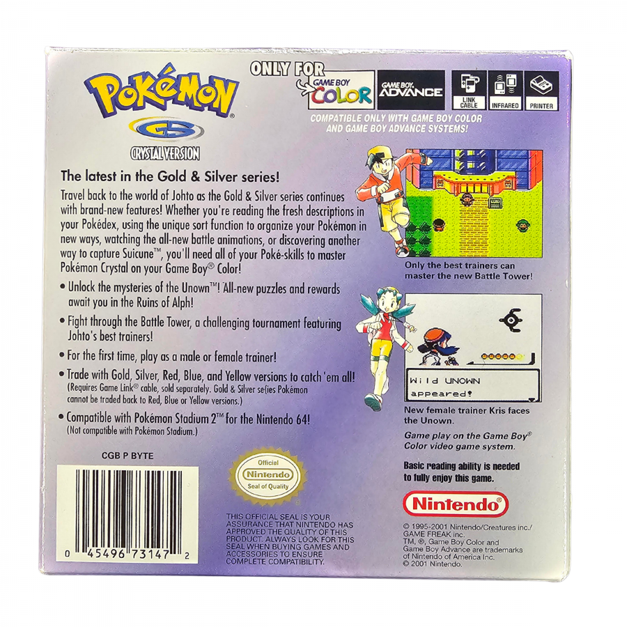 Pokémon Crystal CIB Game Boy Color GBC for role playing video game fans featuring Pokémon catching and training Johto region exploration turn based battles Gym Leaders Elite Four animated Pokémon battles Suicune encounters Battle Tower trading and classic Game Boy Color gameplay collectible retro gaming appeal back box art