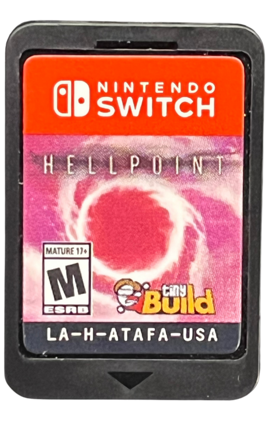 Hellpoint Nintendo Switch inspired design featuring dark sci fi action role playing adventure aesthetic mysterious space station exploration challenging melee combat cosmic horror atmosphere futuristic technology immersive character progression and survival gameplay presentation cartridge