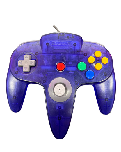 Top view of official grape Nintendo 64 controller showing buttons and joystick