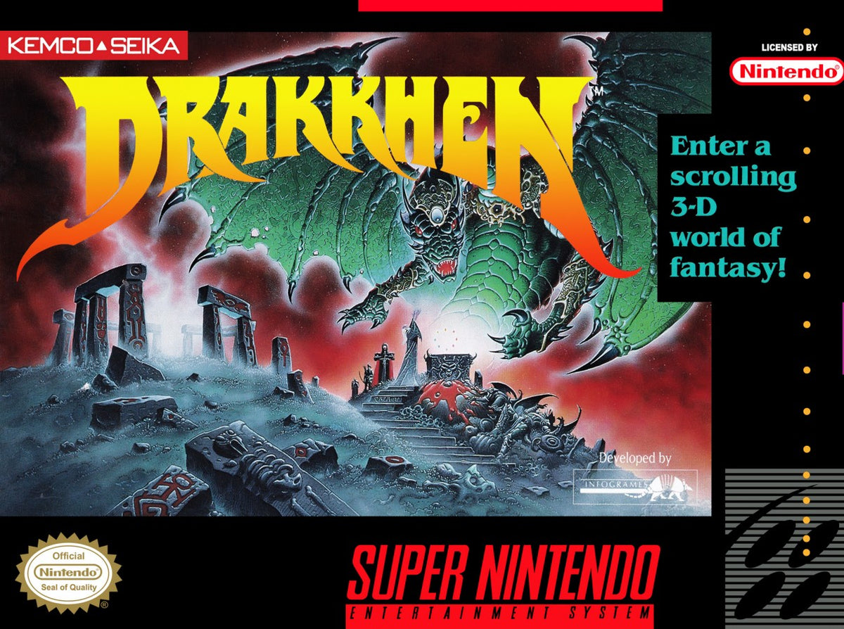 Drakkhen Super Nintendo Entertainment System SNES video game featuring fantasy role playing gameplay dragon battles open world exploration character customization magic spells dungeon exploration and challenging enemy encounters classic 16 bit Nintendo gameplay retro video game collection collectible gaming appeal front cover art