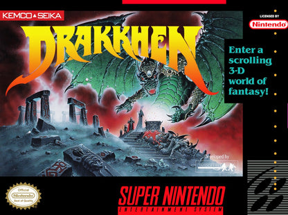 Drakkhen Super Nintendo Entertainment System SNES video game featuring fantasy role playing gameplay dragon battles open world exploration character customization magic spells dungeon exploration and challenging enemy encounters classic 16 bit Nintendo gameplay retro video game collection collectible gaming appeal front cover art