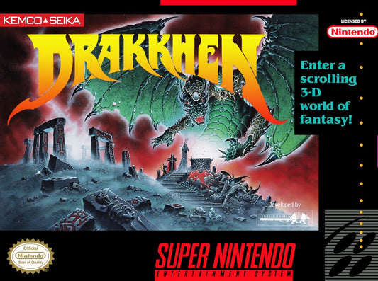 Drakkhen Super Nintendo Entertainment System SNES video game featuring fantasy role playing gameplay dragon battles open world exploration character customization magic spells dungeon exploration and challenging enemy encounters classic 16 bit Nintendo gameplay retro video game collection collectible gaming appeal front cover art