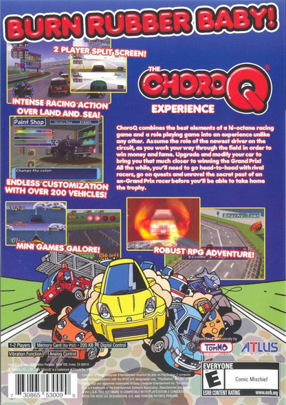 Choro Q for PlayStation 2 (PS2) at Gamers INC, featuring the charming and quirky car-RPG where you customize adorable super-deformed vehicles with hundreds of parts, explore a living world populated by cars, and compete in diverse races and mini-games in a unique blend of adventure and arcade racing fun back cover