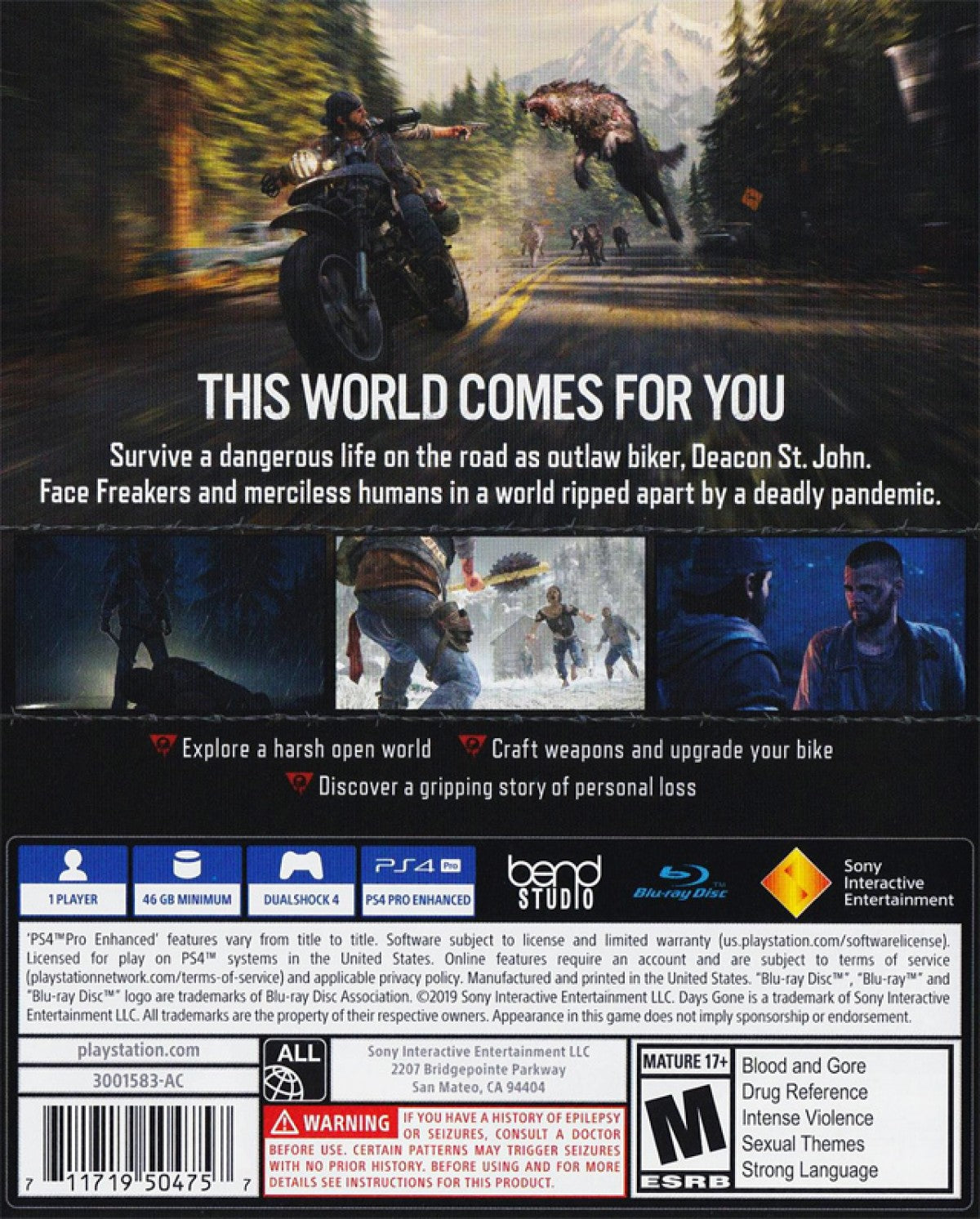 Days Gone PlayStation 4 game featuring open-world action survival gameplay with motorcycle exploration and zombie hordes back cover