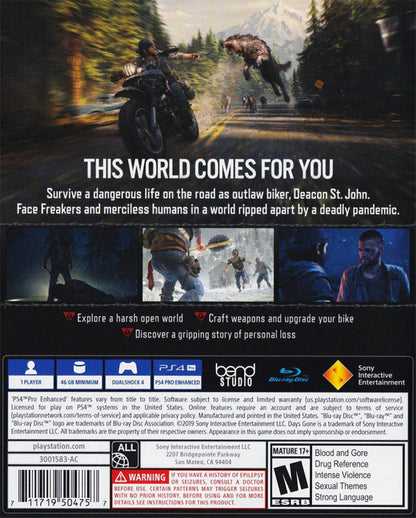 Days Gone PlayStation 4 game featuring open-world action survival gameplay with motorcycle exploration and zombie hordes back cover