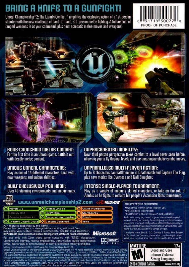 Unreal Championship 2: The Liandri Conflict retro Xbox video game Unreal Championship 2 The Liandri Conflict fast paced arena shooter third person combat multiplayer competitive FPS style action game Xbox release back of case
