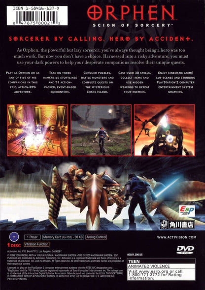 Orphen: Scion of Sorcery for PlayStation 2 (PS2) featuring an action RPG based on the anime where you cast spells in real time battles and explore dungeons across a fantasy world; follow Orphen’s story with party members puzzles and magic driven combat on PS2 back cover