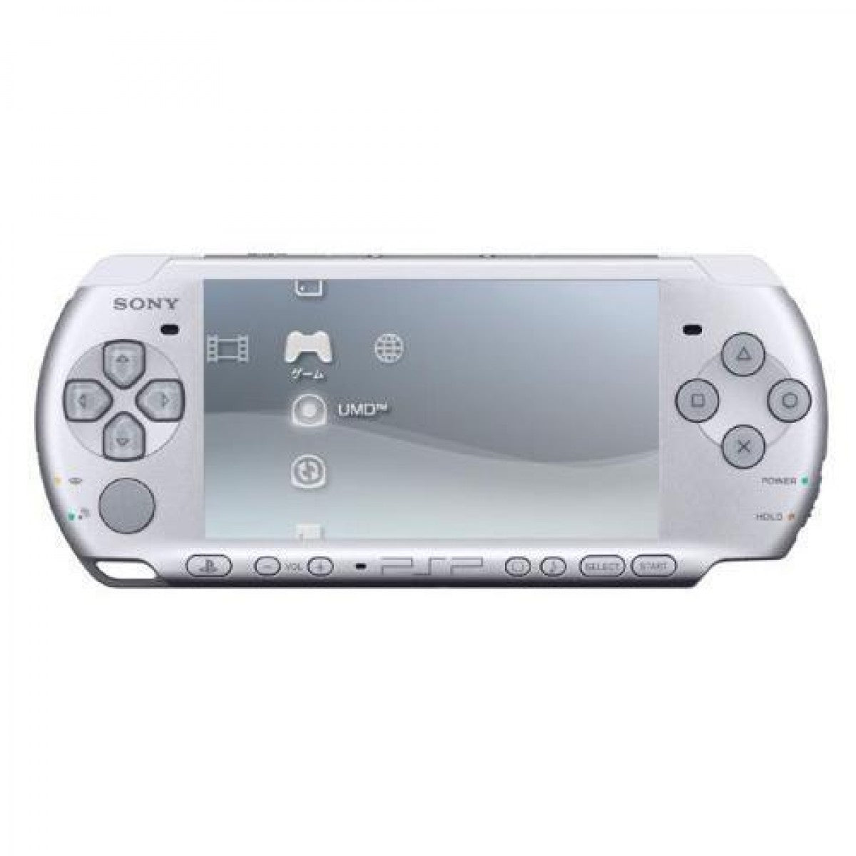 PlayStation Portable PSP 3000 Silver handheld console for video game enthusiasts featuring portable gaming hardware vibrant widescreen display built in stereo speakers ergonomic handheld design UMD game compatibility multimedia entertainment and collectible gaming appeal front on