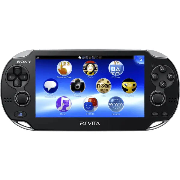 PlayStation Vita PS Vita 1000 Black handheld gaming console featuring OLED touchscreen display dual analog sticks front and rear cameras portable gaming with physical and digital titles scratch and scuff cosmetic condition Sony handheld entertainment collectible gaming appeal