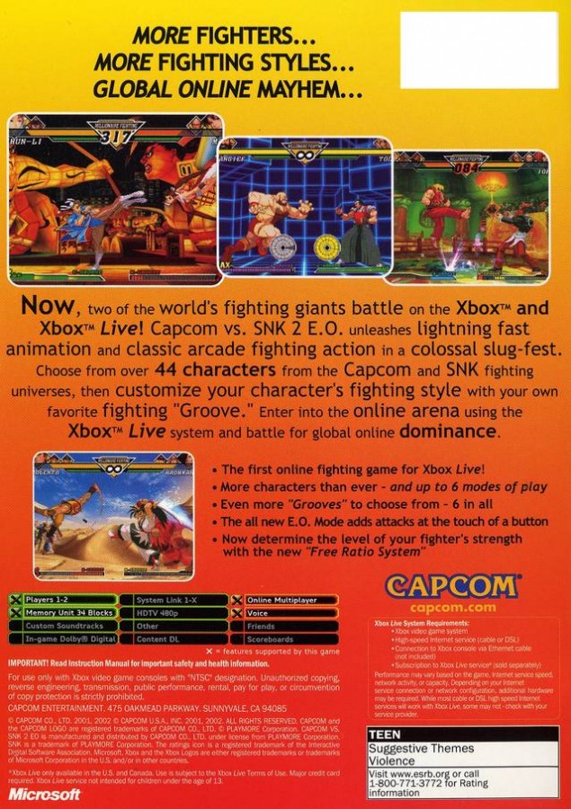 Capcom vs. SNK 2: E.O.: Millionaire Fighting 2001 back cover art for Xbox (XBOX) video game