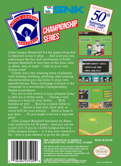 Little League Baseball back of box for Nintendo Entertainment System NES retro video game
